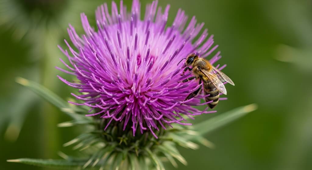 A close-up of a bee collecting nectar from a vibrant purple thistle flower in a garden setting.