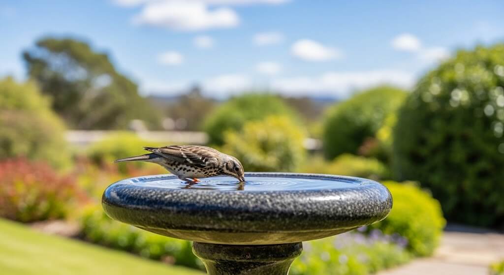 A small bird drinks water from a stone bird bath in a lush green garden on a sunny day.