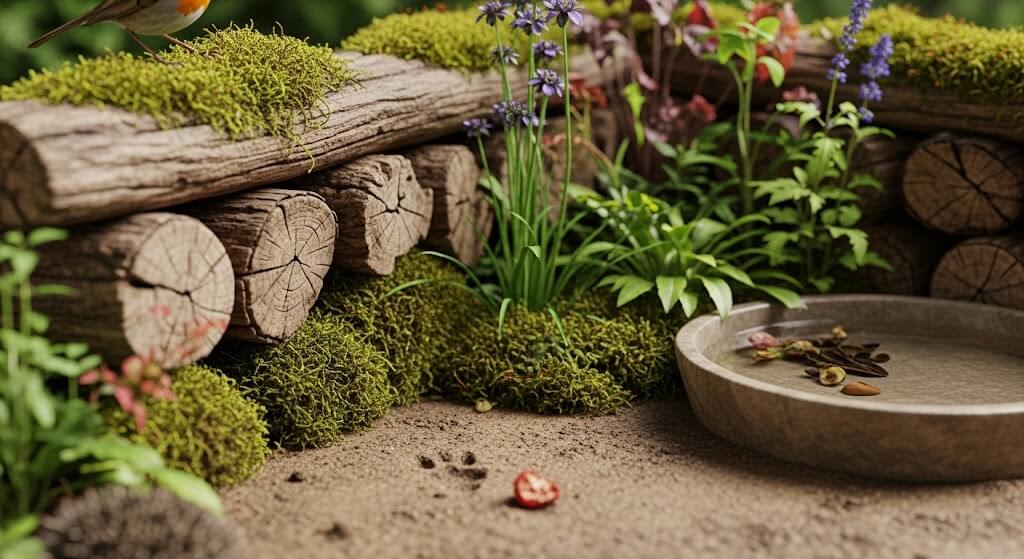 A garden wildlife corner featuring a log pile with moss, wildflowers, a shallow water dish, and a robin perched on the logs.
